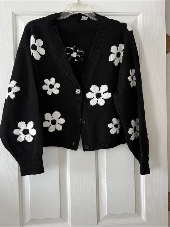 Divided Sweaters - Divided Black Cardigan Sweater with White Floral Motif